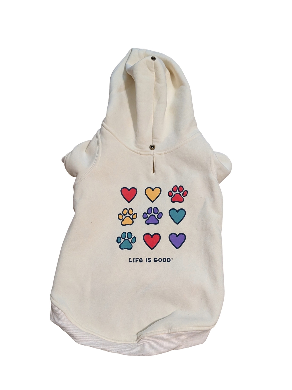 Life Is Good Cream Dog Hoodie with Colorful Hearts & Paw Prints
